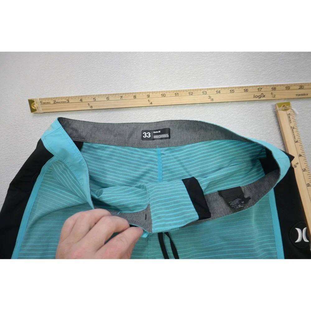 Hurley Board Shorts Mens 33 Turquoise Black Striped Swim Trunks Excellent